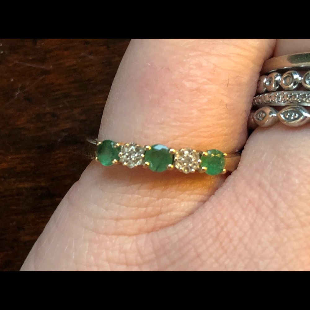 Emerald and Diamond Three Stone Ring 10K Gold